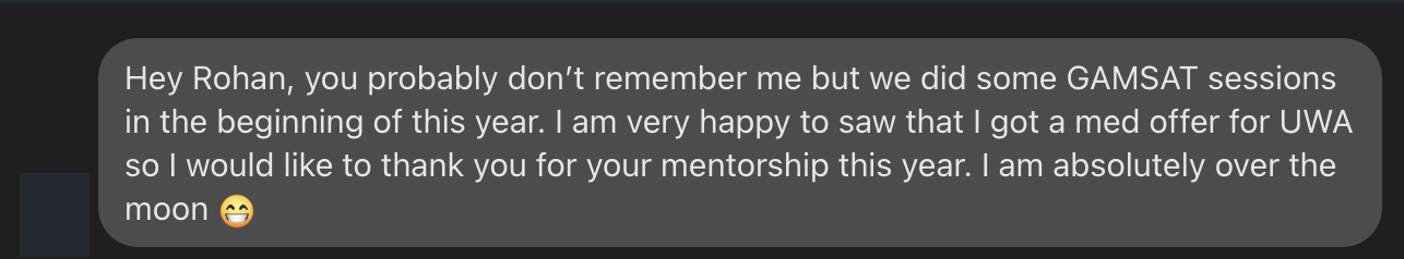 Student message screenshot saying they got a med offer for UWA and thanking Rohan for his mentorship.